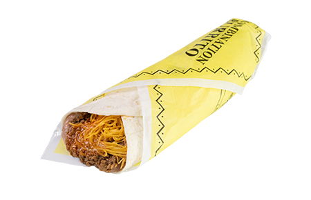 A burrito wrapped in plastic and yellow paper.