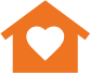 A small orange house with a heart shaped window.